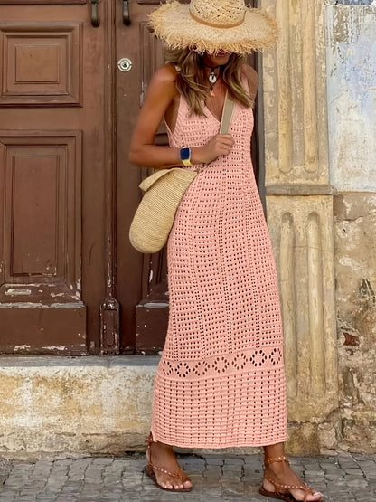 Women's solid color knit semi-sheer crew neck dress by Homixa, featuring a stylish and comfortable design.