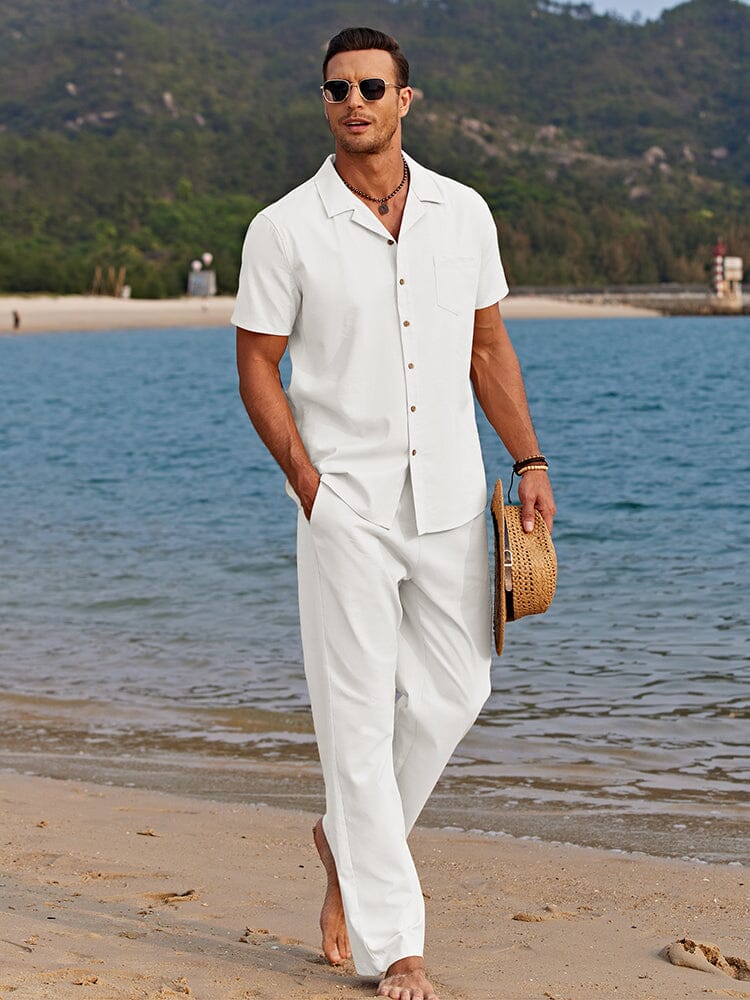 Homixa men's beach co-ord set with camp-collar shirt, chest pocket, and straight-leg trousers, perfect for casual beach days.