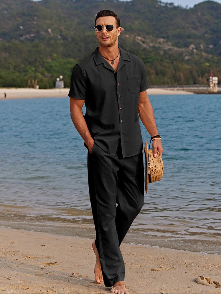 Homixa men's beach co-ord set with camp-collar shirt, chest pocket, and straight-leg trousers, perfect for casual beach days.