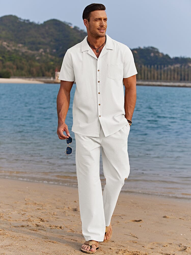 Homixa men's beach co-ord set featuring a camp-collar shirt, chest pocket, and straight-leg trousers, perfect for casual beach days.