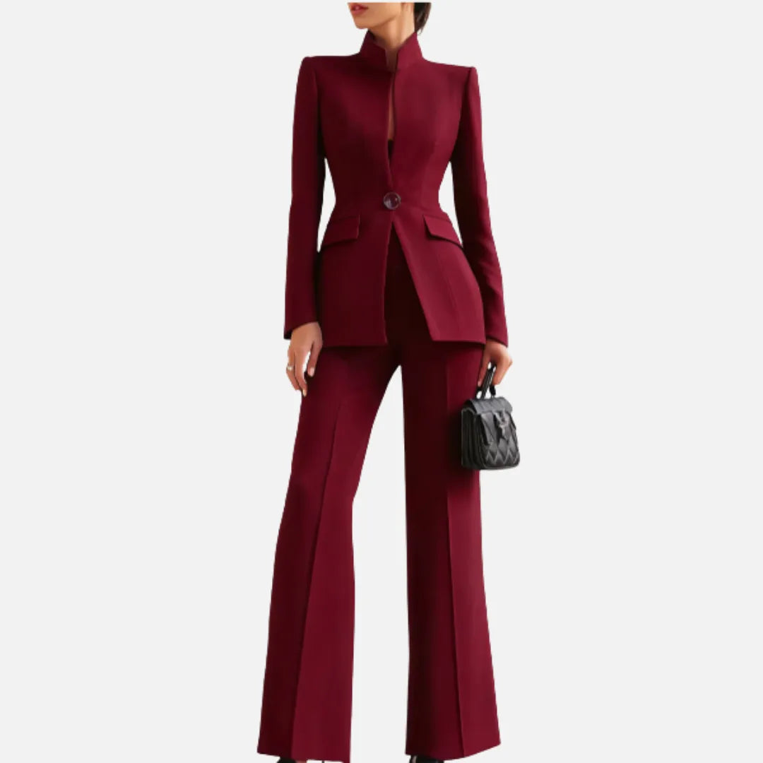 Homixa Women's stand-collar blazer and wide-leg pant suit, stylish and tailored for a professional look.