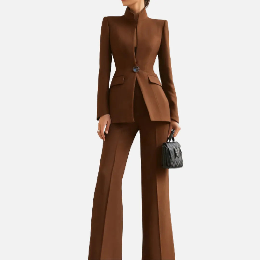 Homixa Women's stand-collar blazer and wide-leg pant suit, sleek and stylish formal outfit in black fabric.