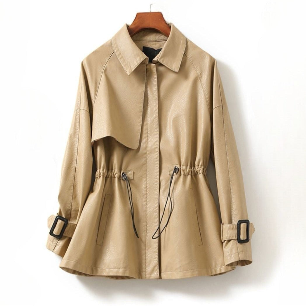 Jack Hafford Manhattan leather jacket in champagne color, shown on a model with detailed stitching and stylish collar.