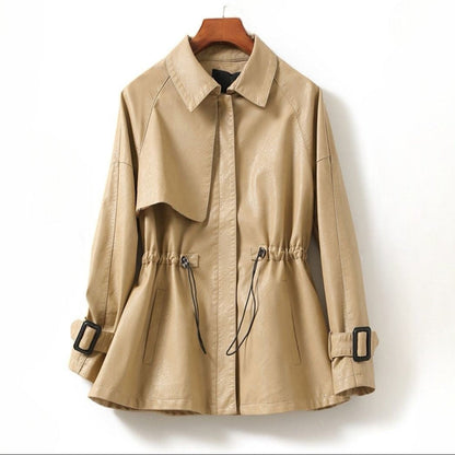 Jack Hafford Manhattan leather jacket in champagne color, shown on a model with detailed stitching and stylish collar.