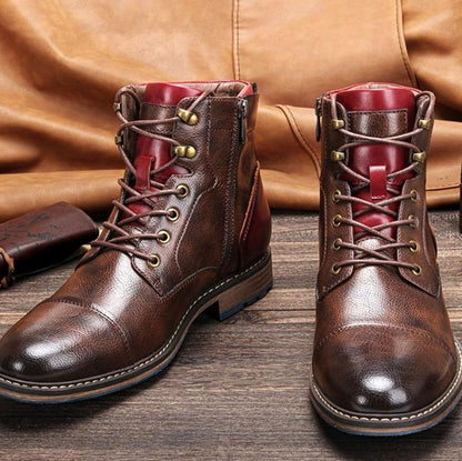 Homixa men's dress boots with lace-up closure and faux leather fabric, stylish and versatile footwear for formal occasions.