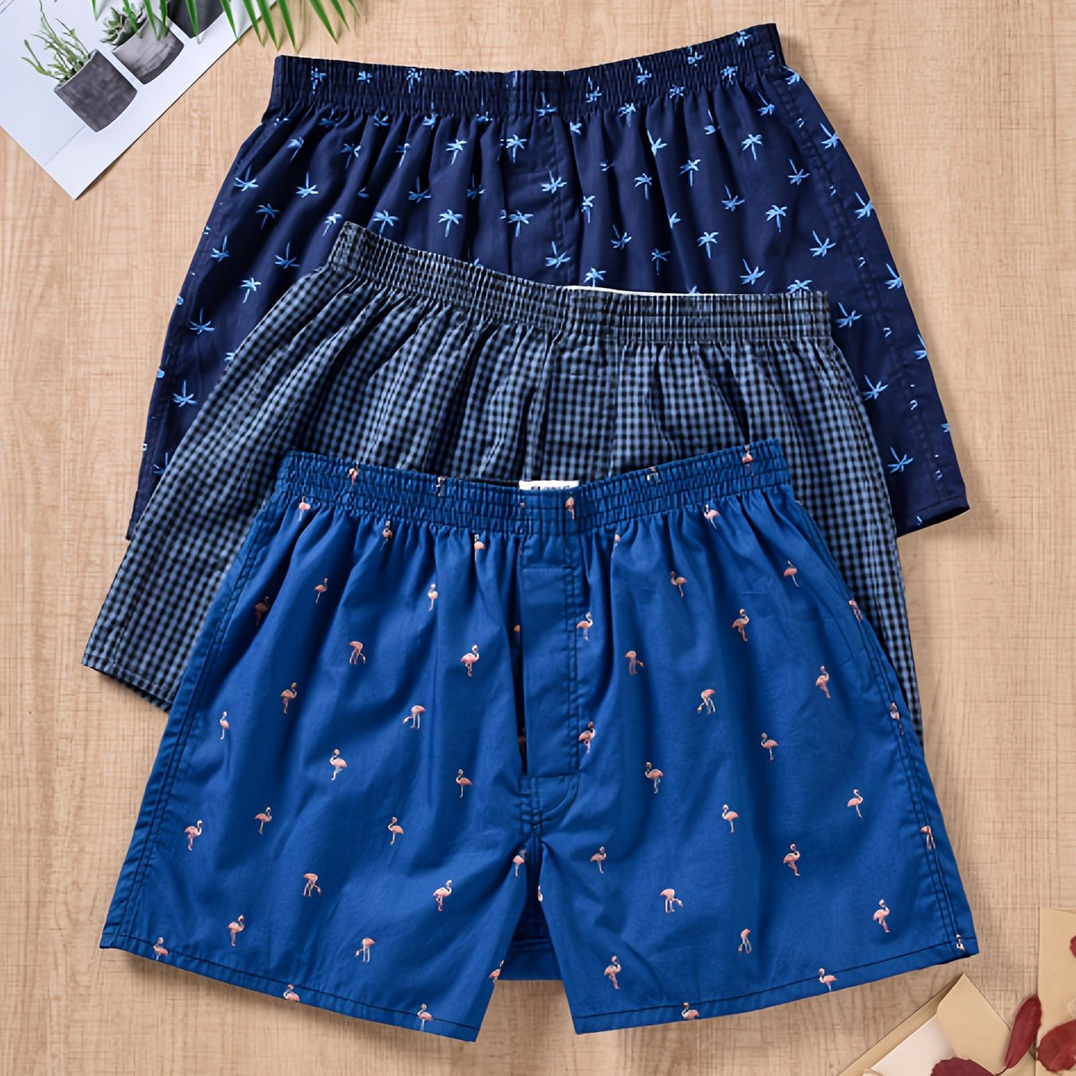 Homixa Avemira men's 3-pack cotton boxer shorts with gathered waistband and wide-leg cut, displayed laid flat.
