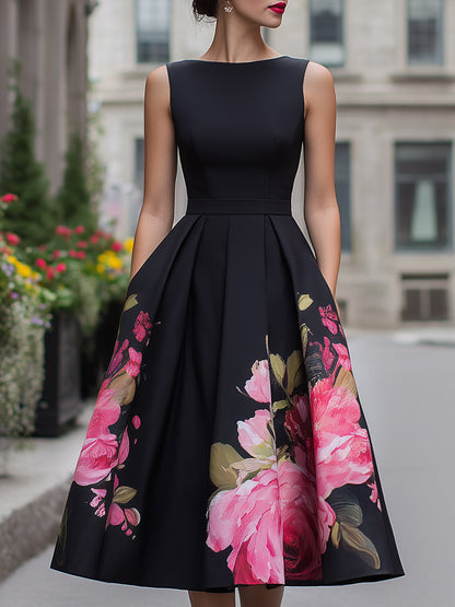 Black floral A-line midi cocktail dress for women by Kate and Wendy, featuring a fitted waist and elegant flowy skirt.