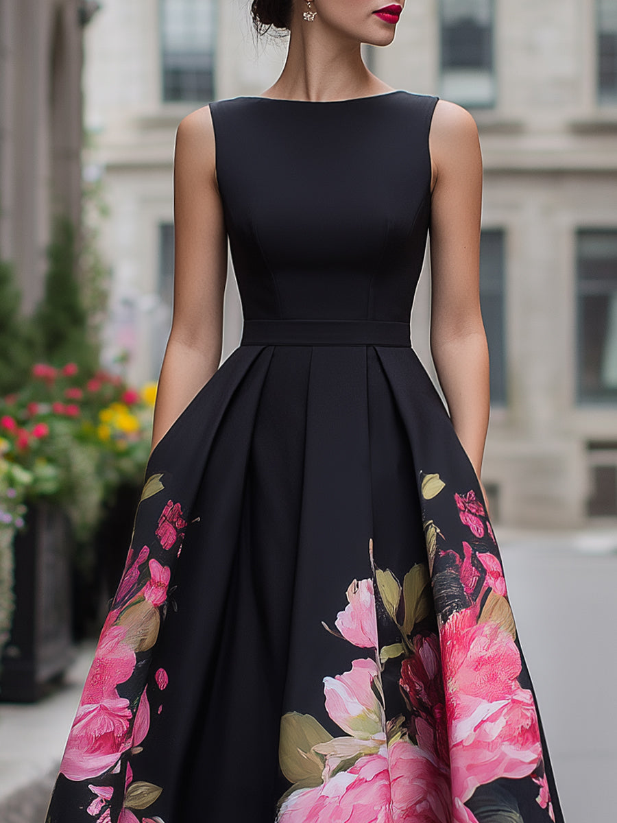 Black floral A-line midi cocktail dress for women by Kate and Wendy, featuring a fitted bodice and flowy skirt.
