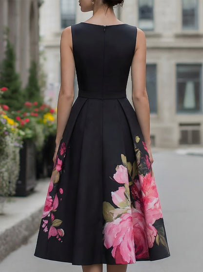 Black floral A-line midi cocktail dress for women by Kate and Wendy, shown on a model with elegant design and fitted waist.