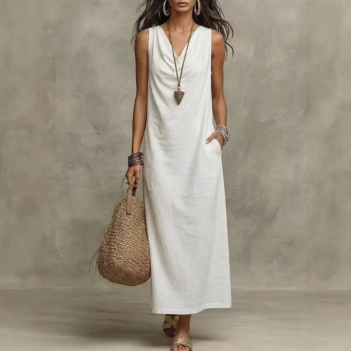 Homixa women's sleeveless V-neck maxi dress with pockets, flowing fabric, and a relaxed fit, perfect for casual summer wear.