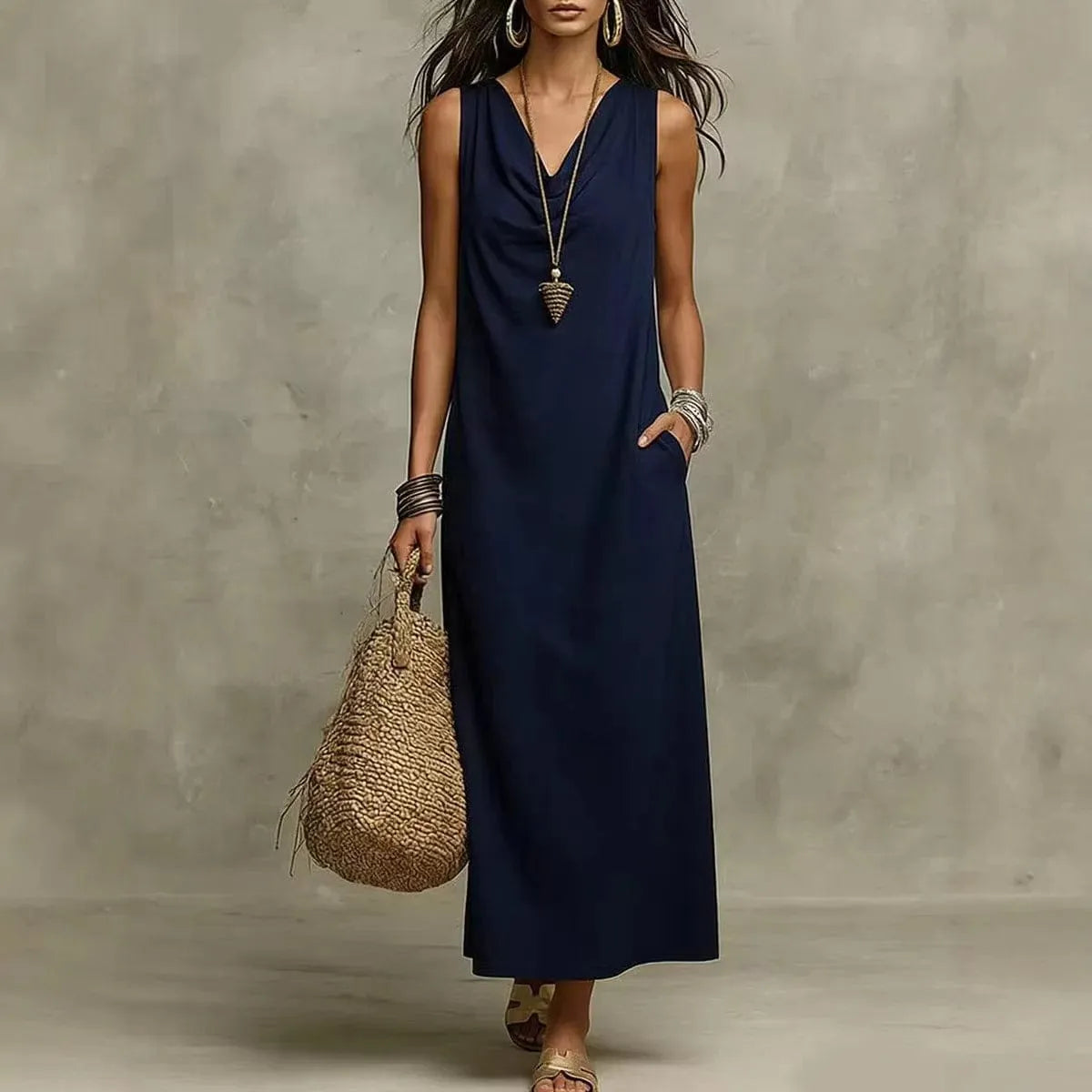 Homixa women's sleeveless V-neck pocket maxi dress displayed on a model, featuring a flowy design and casual summer style.