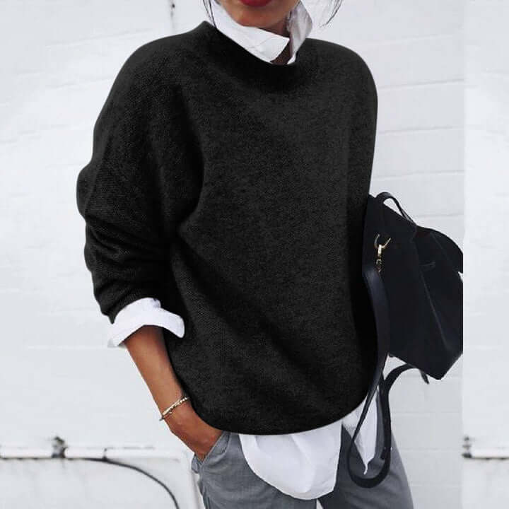 Lunirel soft women's sweater with a cozy fit, featuring a round neckline and long sleeves in a neutral color.