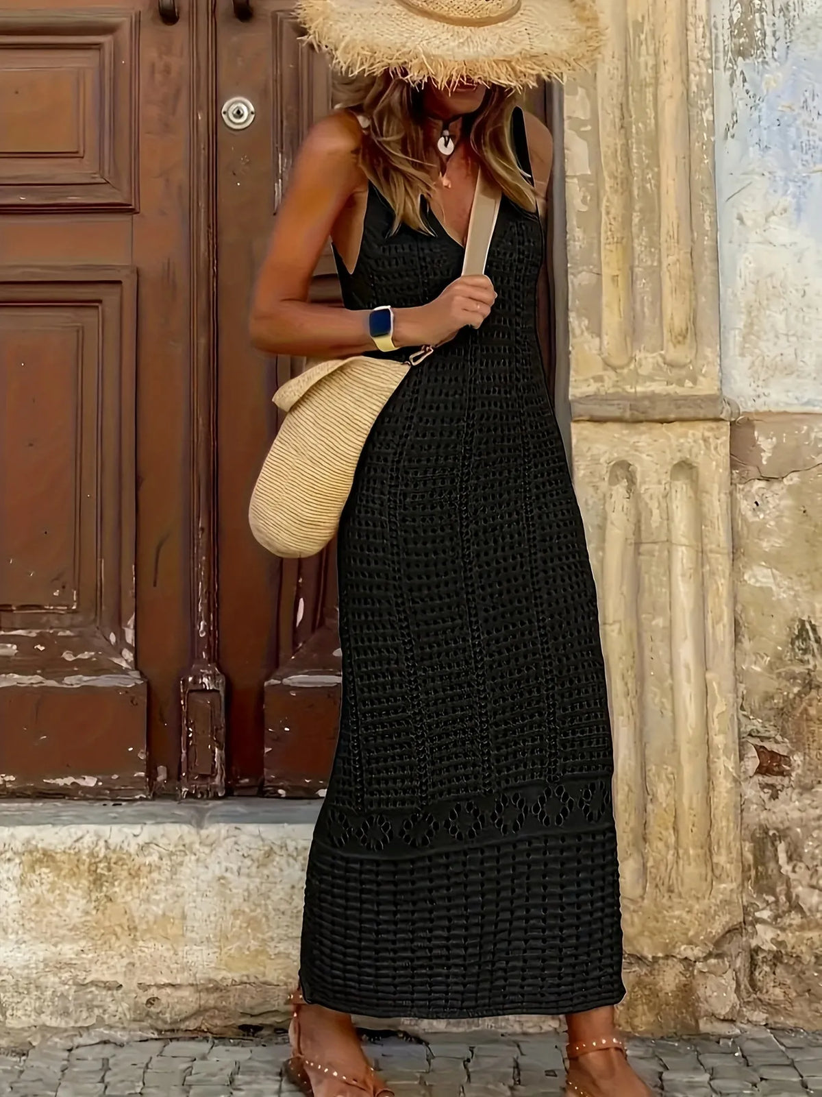Women's solid color knit semi-sheer crew neck dress by Homixa, featuring a stylish and comfortable knitted dress design.