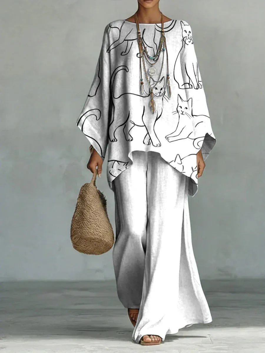 Delphine | Women's Cat-Print Cape Top & Wide-Leg Pant Set - product image 1