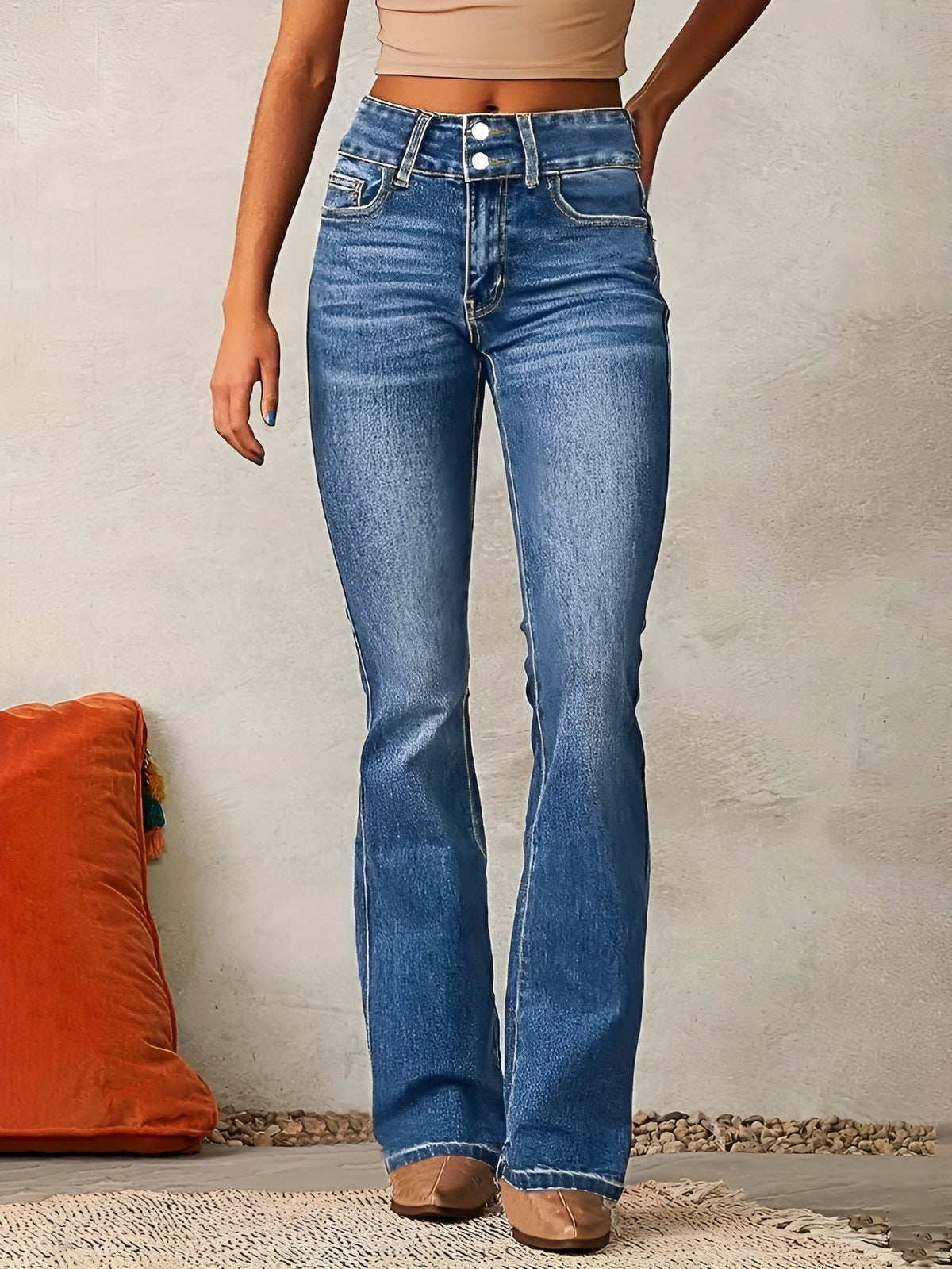Homixa Alana flared jeans with double-button waist, washed finish, contrast stitching, and a comfortable fit.