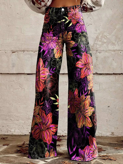 Homixa Delrielle high-waisted floral bell-bottom trousers with belt loops and stretch fabric, shown on a model.