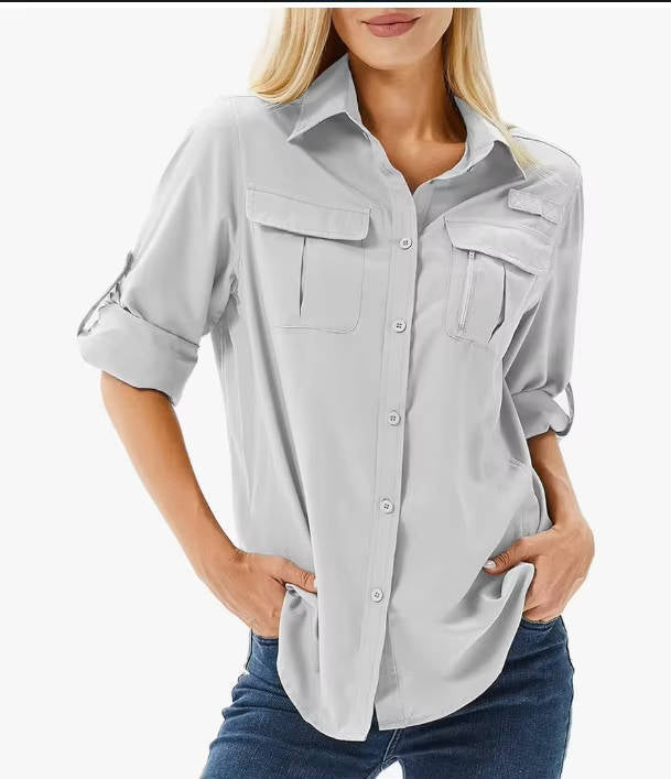 Homixa Caesene women's long-sleeve hiking blouse with roll-tab sleeves, point collar, and chest pockets, suitable for outdoor activities.