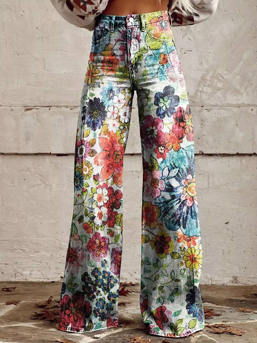 Homixa Delrielle high-waisted floral bell-bottom trousers with belt loops and stretch fabric, styled with a vibrant floral pattern.