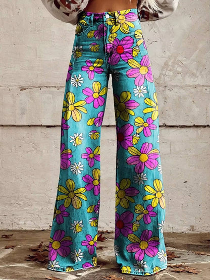 Homixa Delrielle high-waisted floral bell-bottom trousers with belt loops and stretch fabric, showcasing vibrant floral pattern and relaxed fit.
