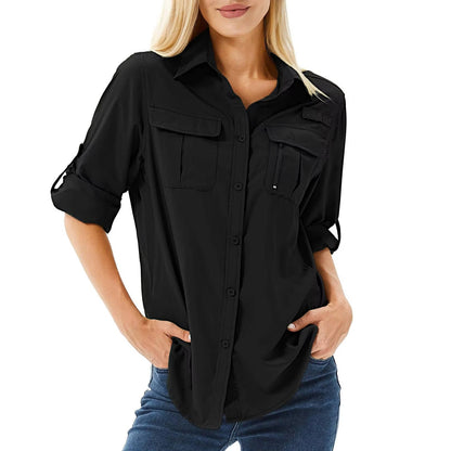 Homixa Caesene women's long-sleeve hiking blouse with roll-tab sleeves, point collar, and chest pockets, shown on a model.