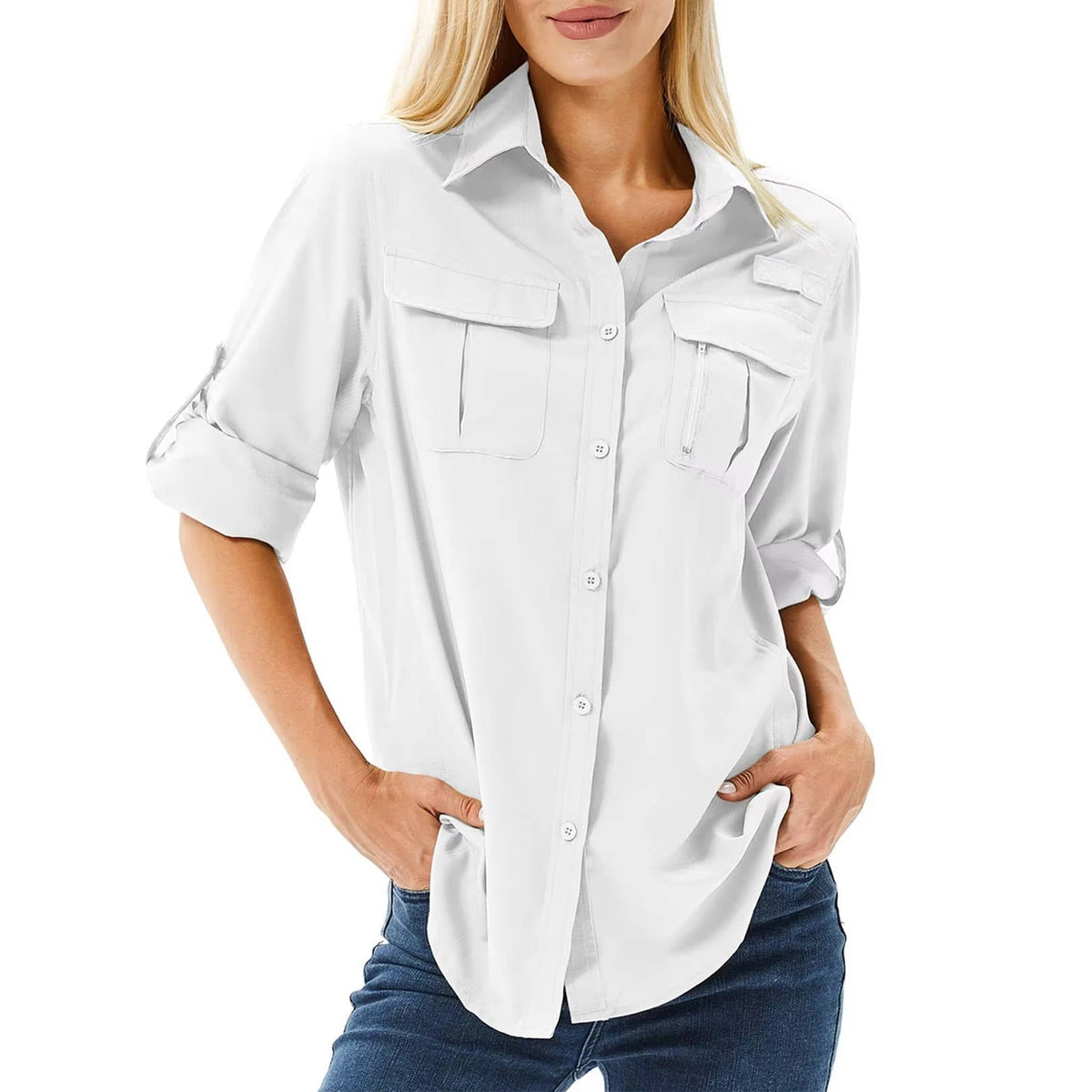 Homixa Caesene women's long-sleeve hiking blouse with roll-tab sleeves, point collar, and chest pockets, suitable for outdoor activities.
