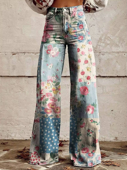 Homixa Delrielle high-waisted floral bell-bottom trousers with belt loops and stretch fabric, featuring vibrant floral patterns.