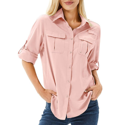 Homixa Caesene women's long-sleeve hiking blouse with roll-tab sleeves, point collar, and chest pockets, shown on model.
