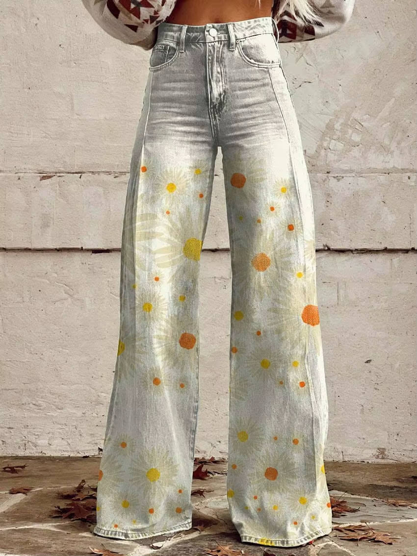 Homixa Delrielle high-waisted floral bell-bottom trousers with belt loops and stretchy fabric, shown on a model.