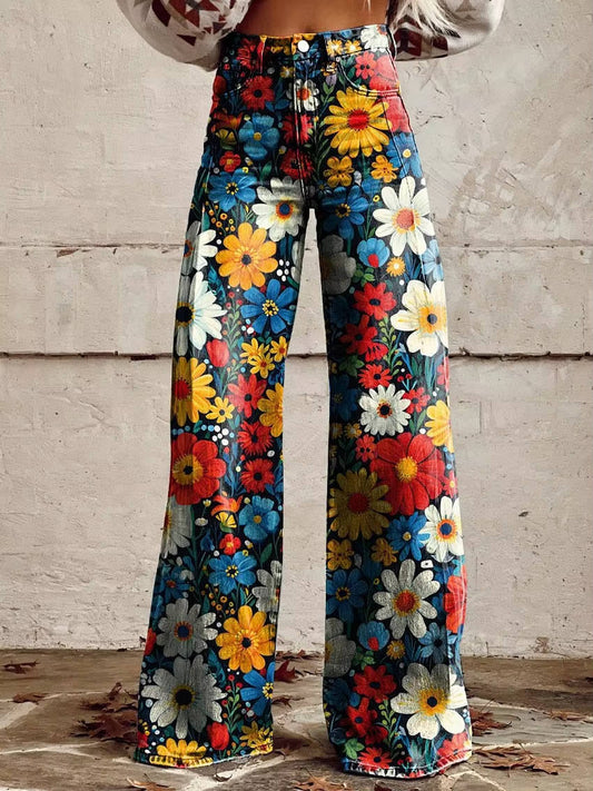 Homixa Delrielle high-waisted floral bell-bottom trousers with belt loops and stretch fabric, shown on a model.