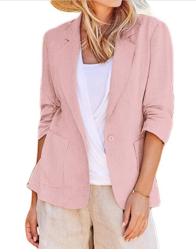 Homixa Belrielle women's linen blazer with ruched three-quarter sleeves, patch pockets, and a tailored fit.