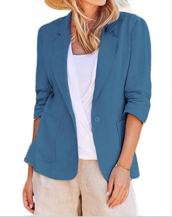 Homixa Belrielle women's linen blazer with ruched three-quarter sleeves and patch pockets, stylish and lightweight for casual wear.