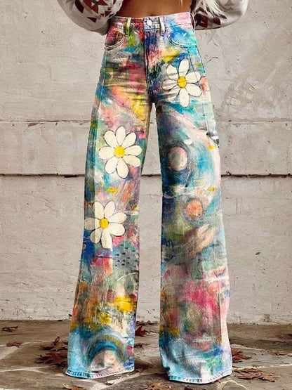 Homixa Delrielle high-waisted floral bell-bottom trousers with belt loops and stretchy fabric, displayed flat.