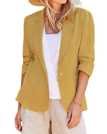 Homixa Belrielle women's linen blazer with ruched three-quarter sleeves and patch pockets, styled on a model.