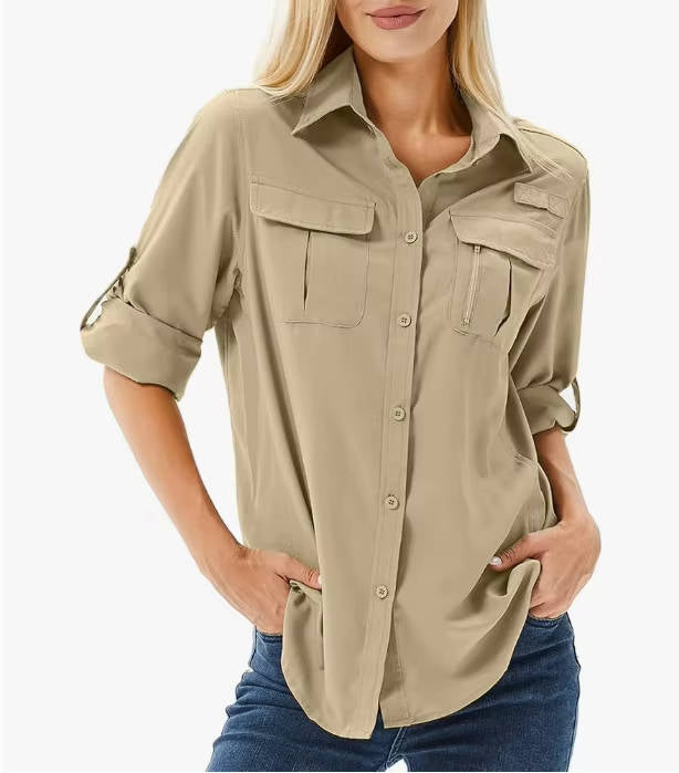 Homixa Caesene women's long-sleeve hiking blouse with roll-tab sleeves, point collar, and chest pockets, suitable for outdoor activities.