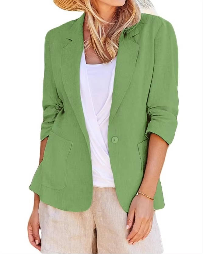 Homixa Belrielle women's linen blazer with ruched three-quarter sleeves and patch pockets, styled for a casual yet polished look.