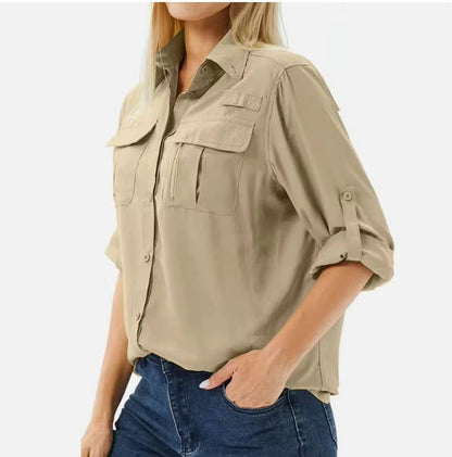 Homixa Caesene women's long-sleeve hiking blouse with roll-tab sleeves, point collar, and chest pockets, suitable for outdoor activities.