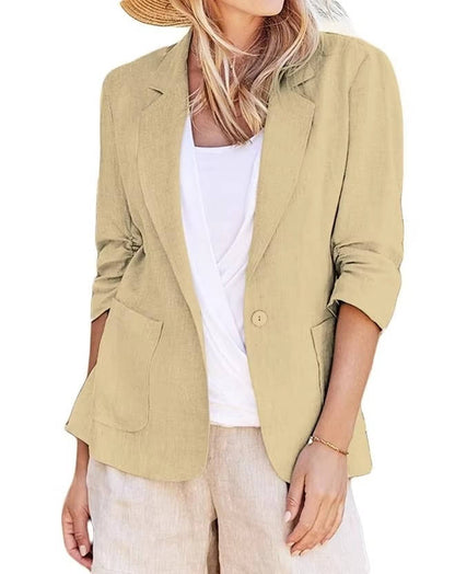 Homixa Belrielle women's linen blazer with ruched three-quarter sleeves and patch pockets, shown in a stylish, fitted design.