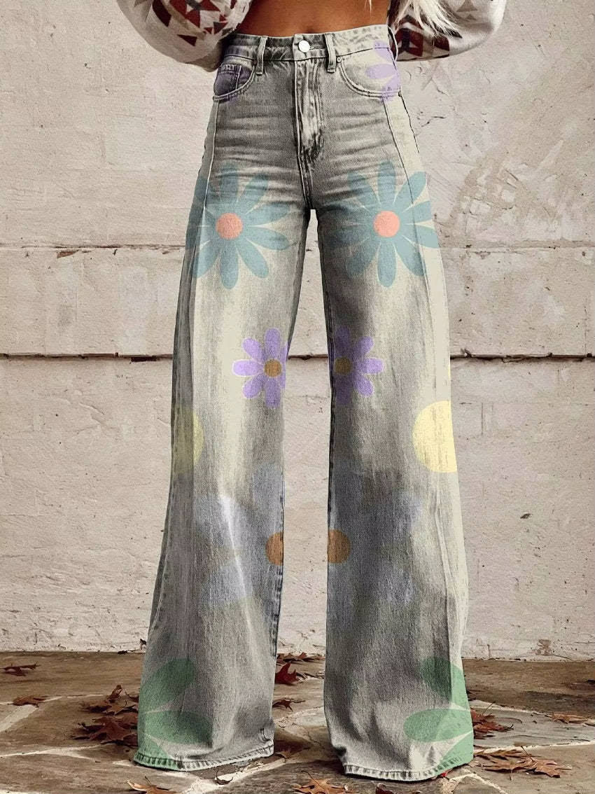 Homixa Delrielle high-waisted floral bell-bottom trousers with belt loops and stretch fabric, showcasing vibrant floral pattern and wide-leg style.