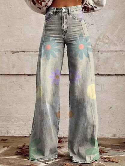 Homixa Delrielle high-waisted floral bell-bottom trousers with belt loops and stretch fabric, showcasing vibrant floral pattern and wide-leg style.