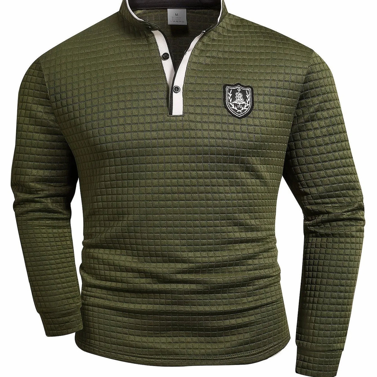 Men's solid color knit Henley shirt with button-front and checked pattern, by Homixa.