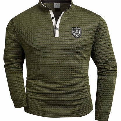 Men's solid color knit Henley shirt with button-front and checked pattern, by Homixa.