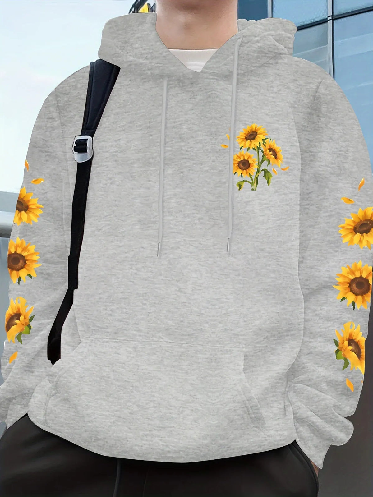 Homixa casual sunflower hoodie with kangaroo pocket, soft pullover sweatshirt featuring a sunflower design and cozy fit.