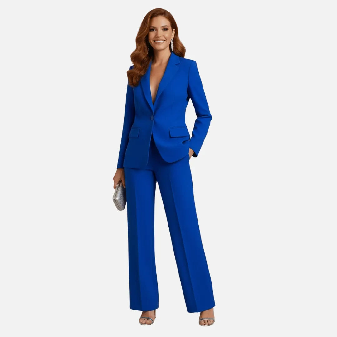 Homixa Women's single-breasted blazer and wide-leg pant suit, stylish formal outfit, shown in a professional setting.