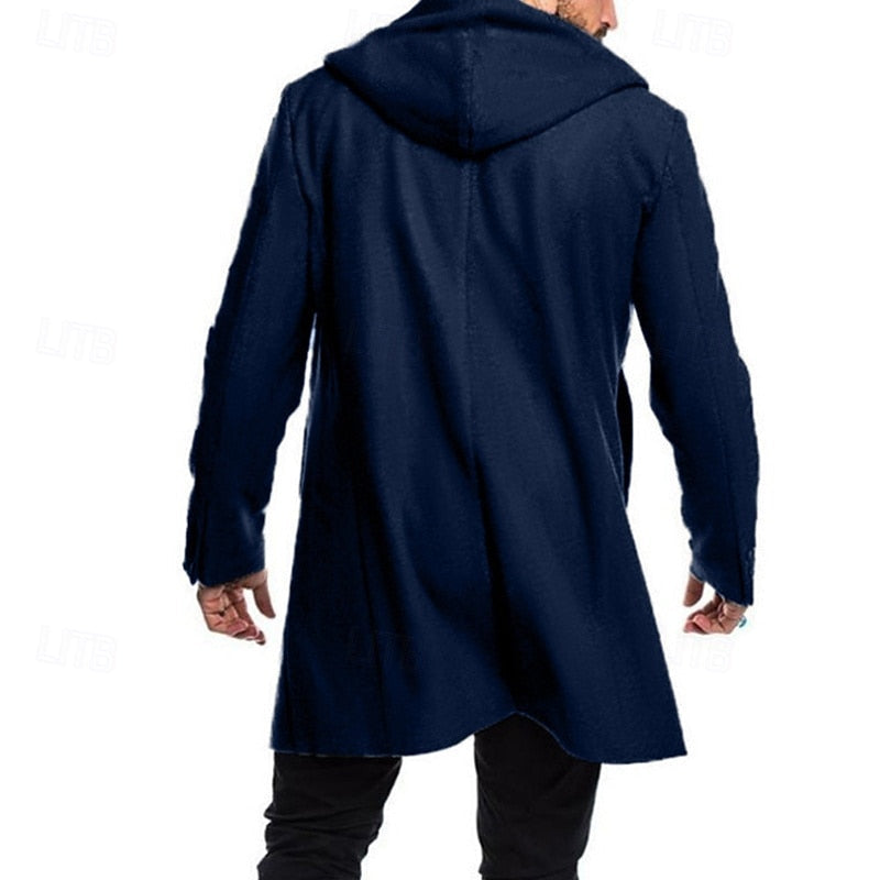 Harper & Wells Fletcher hooded toggle overcoat showing dark fabric, toggle buttons, and hooded collar on a stylish winter coat.