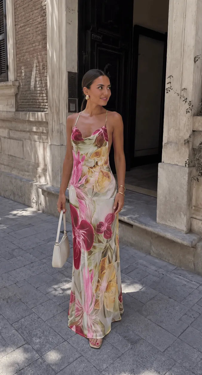 Romantic women's floral cowl neck summer maxi dress by Homixa, featuring a flowing design and vibrant floral pattern.