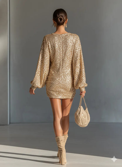 Women's sequin balloon-sleeve mini dress by Homixa, featuring a shimmering sequin design and stylish balloon sleeves.
