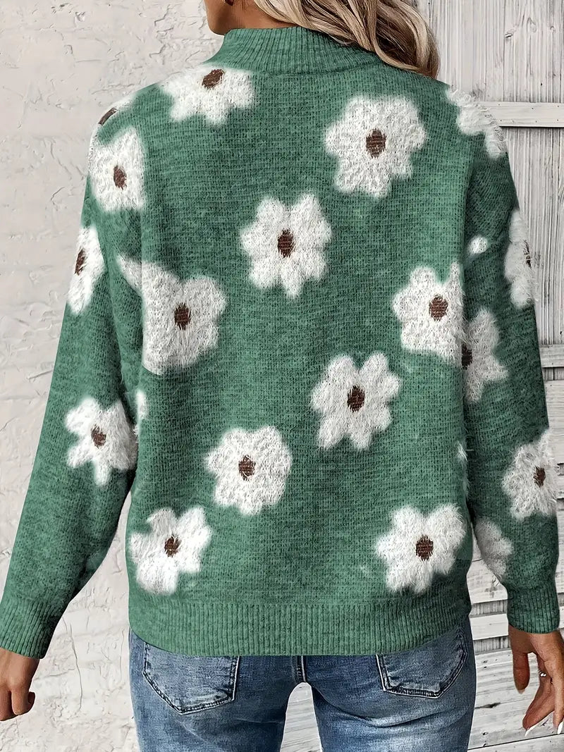 Homixa women's floral pattern quarter-zip sweater, soft knit fabric, close-up of the colorful floral design on the front.
