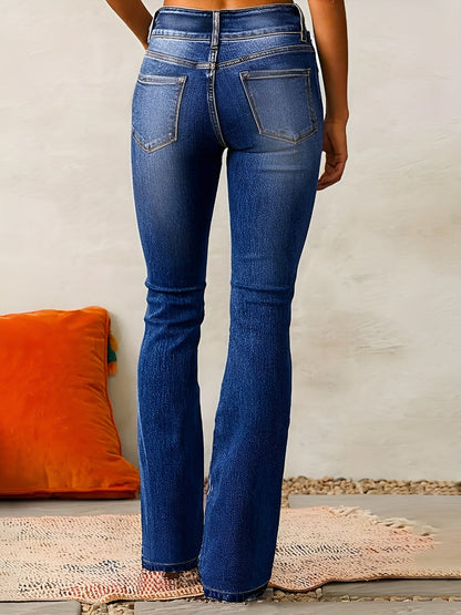 Homixa Alana flared jeans with double-button waist, washed finish, contrast stitching, and a comfortable fit.