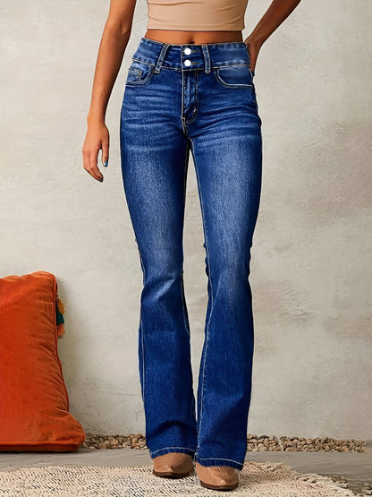 Homixa Alana flared jeans with double-button waist, washed finish, contrast stitching, and a comfortable fit on a model.