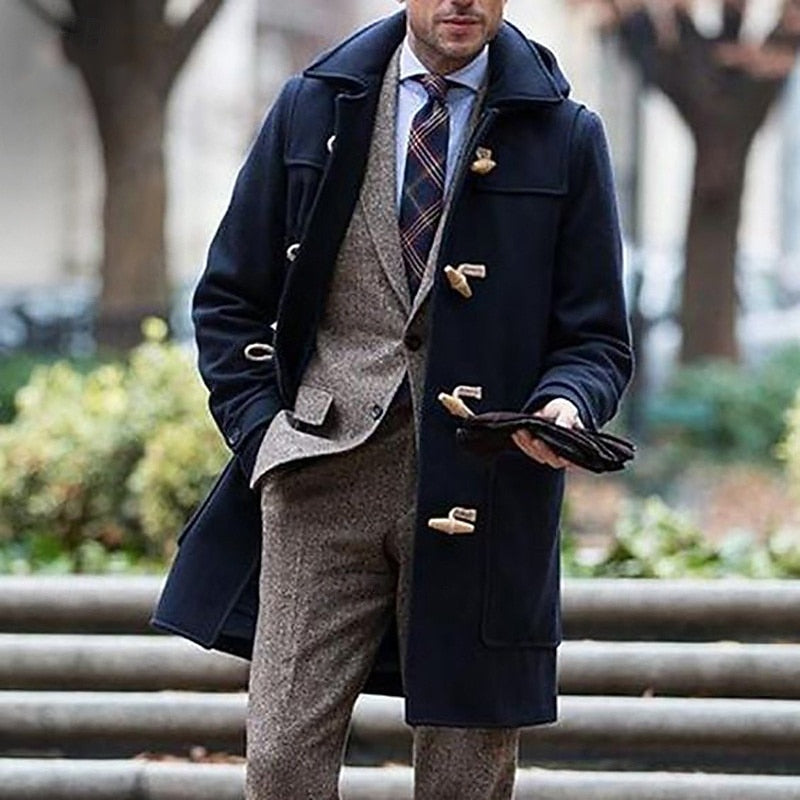 Harper & Wells Fletcher hooded toggle overcoat with front pockets and button closure, stylish winter outerwear for men and women.